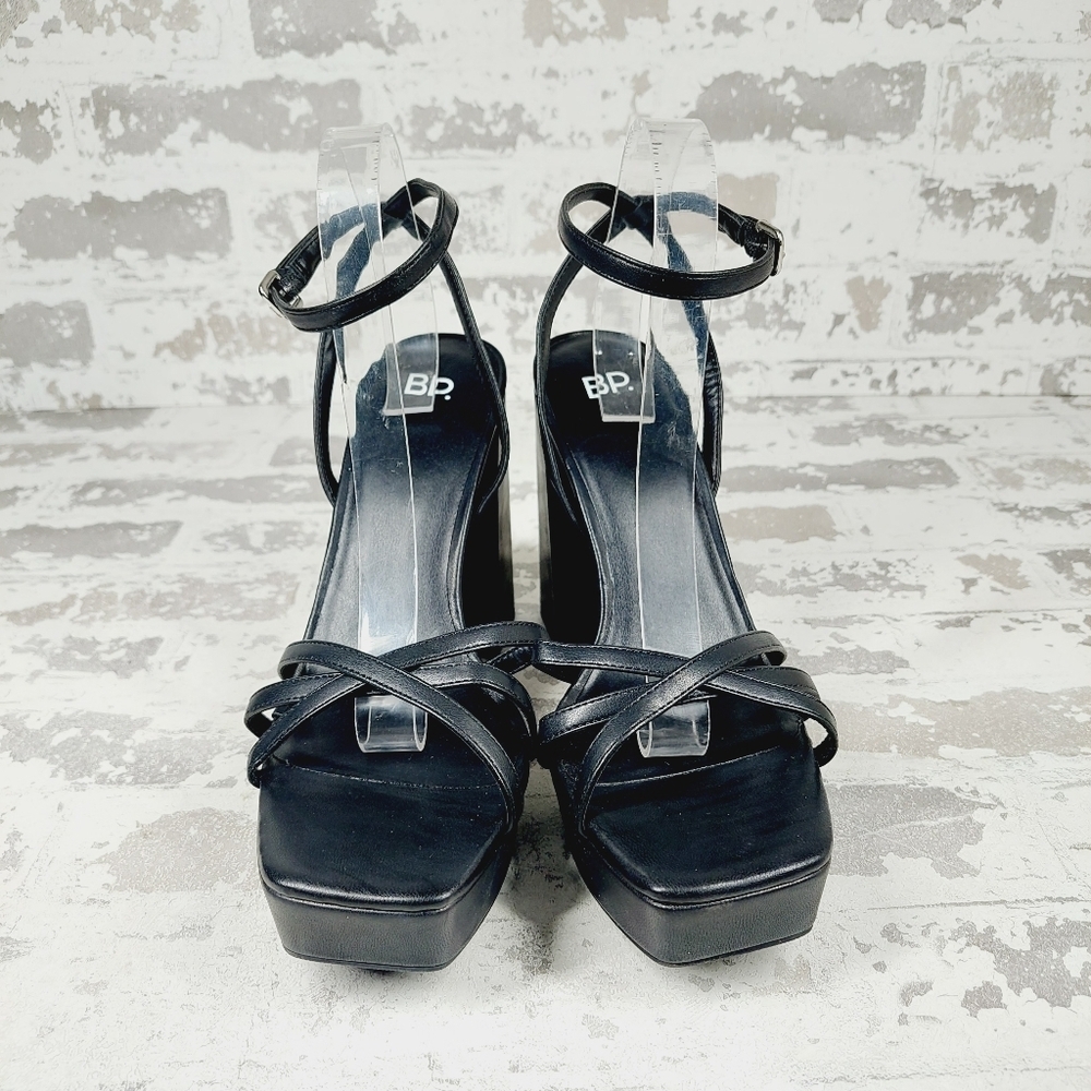 NEW bp Tavey Black Strappy Faux Leather Buckle Ankle Strap Block Heels W709 - Picture 3 of 14